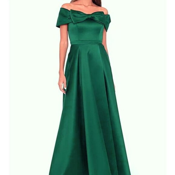 Xscape Hunter Green Bow Front Off the Shoulder Satin Ballgown - Picture 1 of 4
